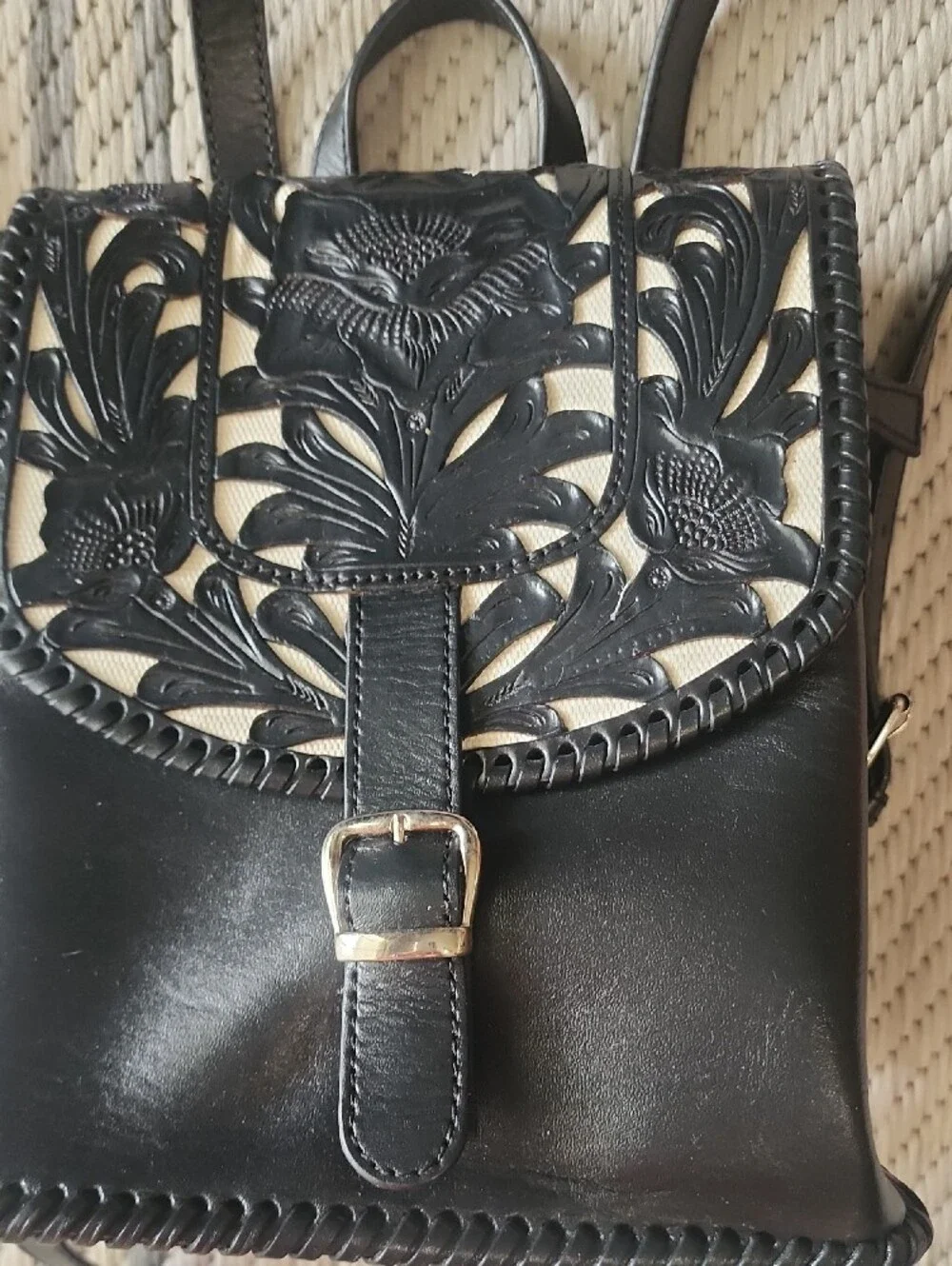 Black Leather Mini Backpack with Floral Cutout Flap